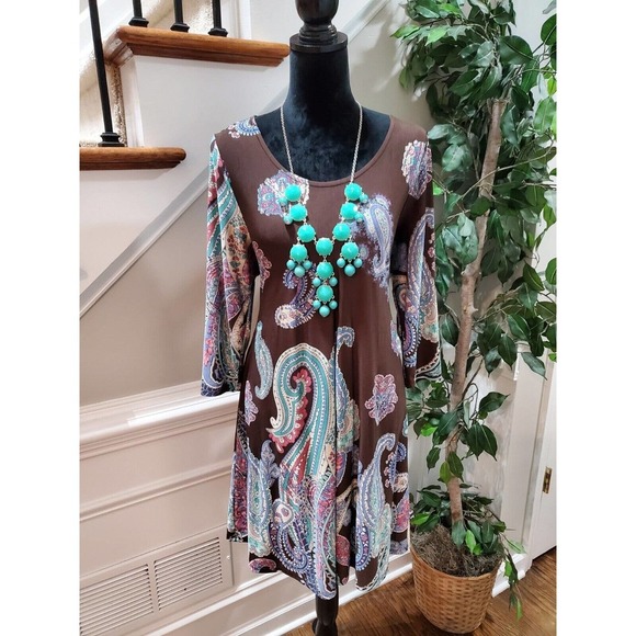 Honeyme Dresses & Skirts - Honeyme Women's Brown Polyester Round Neck Long Sleeve Knee Length Dress Size S